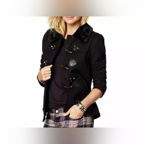$348 JUICY COUTURE WOOL SHORT SWING TOGGLE COAT JACKET PITCH BLACK - Picture 3 of 9